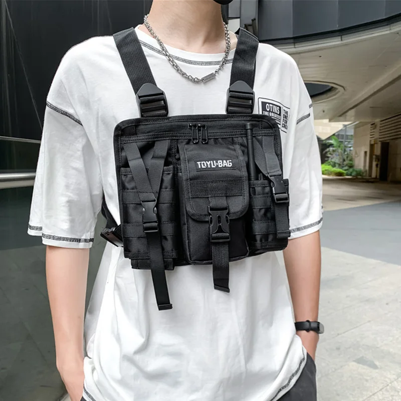 Fashion Functional Tactical Chest Bag for Men Fashion Bullet Hip Hop Vest Streetwear Bag Waist Pack Unisex Black Chest Rig Bags