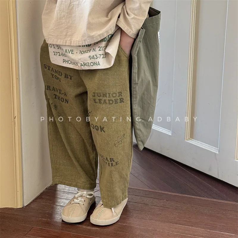 Pantalones informales de algodón para niños y niñas, pantalón bombacho con estampado de letras, holgado, versátil, Otoño, 2024