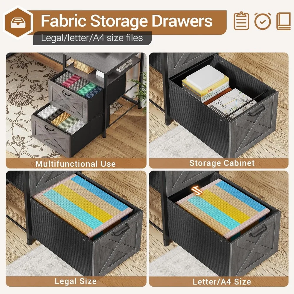 L-Shaped Desk with Storage, LED Gaming Desk, Computer Desk with Drawers and Power Outlet, Reversible Office Desk with Shelves