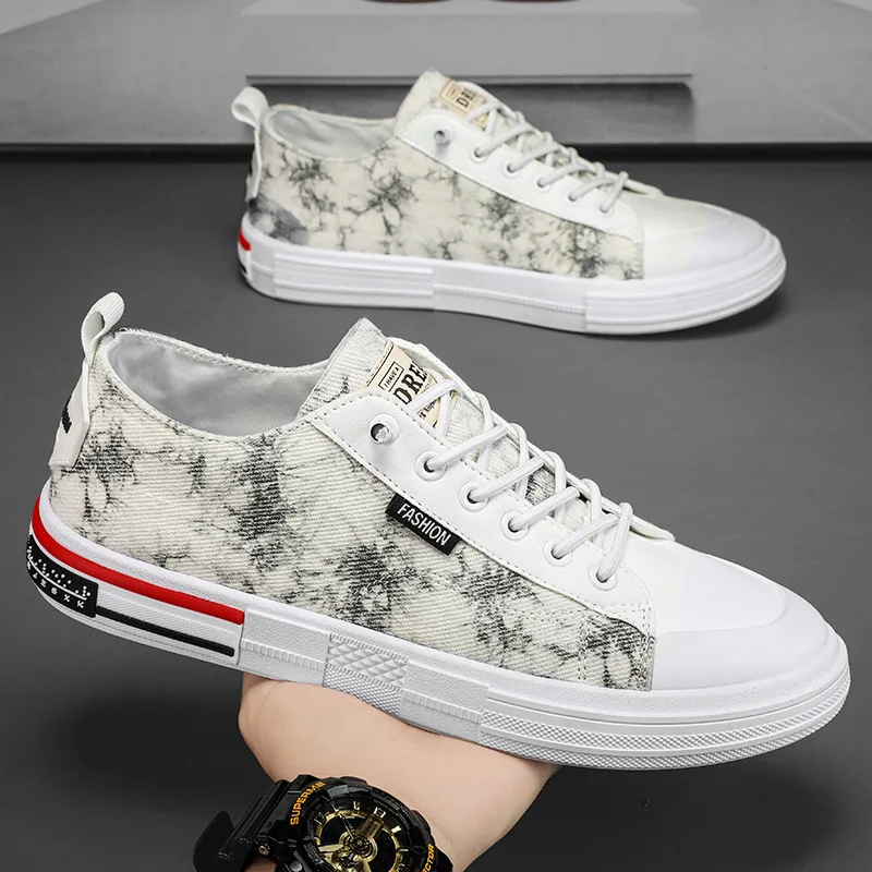 

2026 New Men Ink Wash Print Canvas Shoes Casual Streetwear Sneakers Breathable Lightweight Lace Up Flat Shoes Fashion Footwear