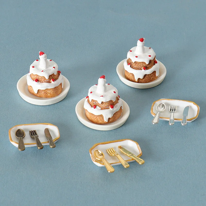 1set Mini Cake with Knife Fork Spoon Tableware Model Dollhouse Miniature Handmade DIY Decorative Doll Accessories Decorations