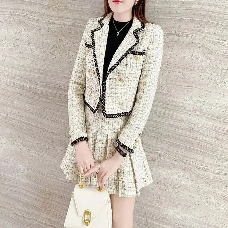 Two Piece Set for Women 2024 Outfit Suit with Skirt and Blazer Womens Short 2 Sets Long Sleeve Woolen Cloth Mini Summer Vintage