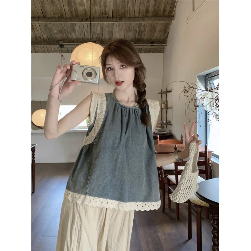 

Vintage lace patchwork sleeveless denim shirt top women's fall pleated loose casual wide-leg pants two-piece set