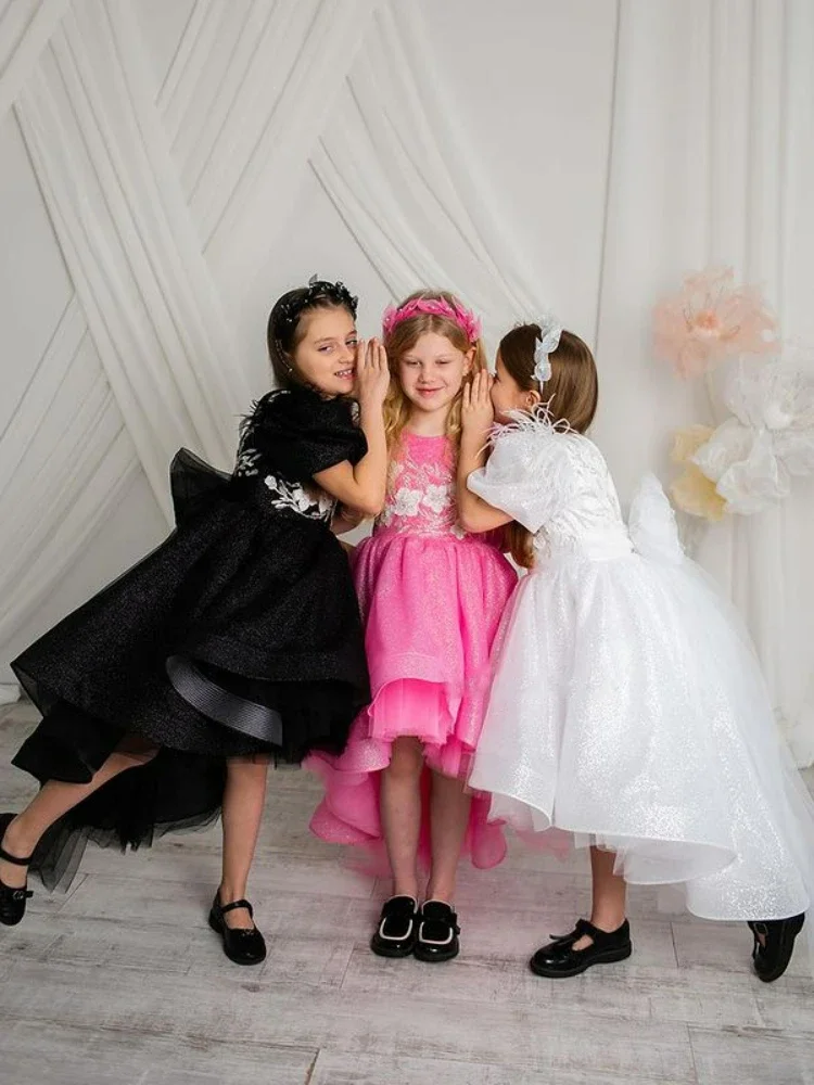 Precioso vestido rosa de flores para niña, vestido hinchado de tul de manga corta para boda, vestidos de noche para fiesta de cumpleaños para niñas pequeñas