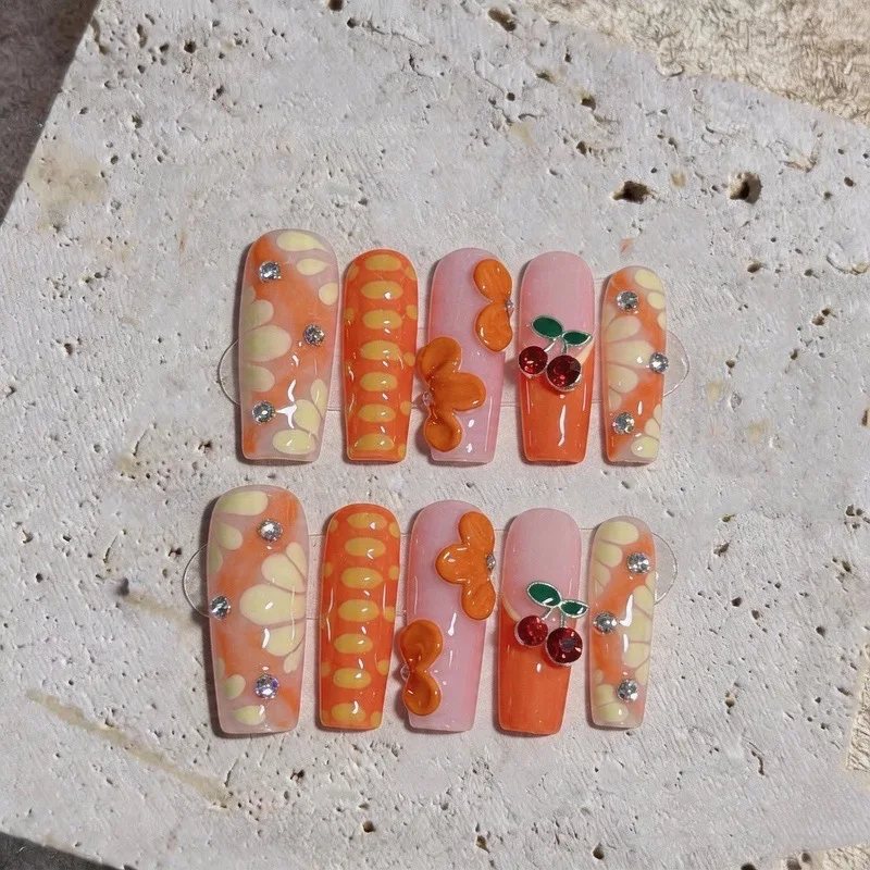 

10 шт. Накладные ногти ручной работы с 3D-цветами и вишневым декором, летние, в стиле Y2K, акриловые, оранжевые, френч, форма «Кофин»