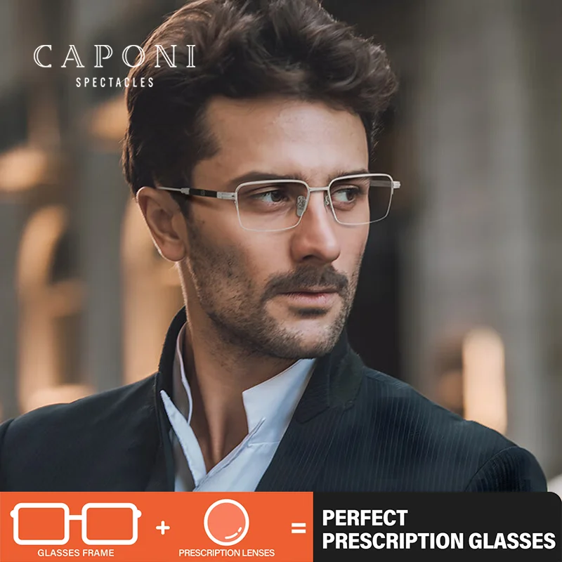 CAPONI Prescription Men Glasses Pure Titanium Business Progressive Luxury Frame Anti Blue Ray Myopia Acetate Eyeglasses PJ7566