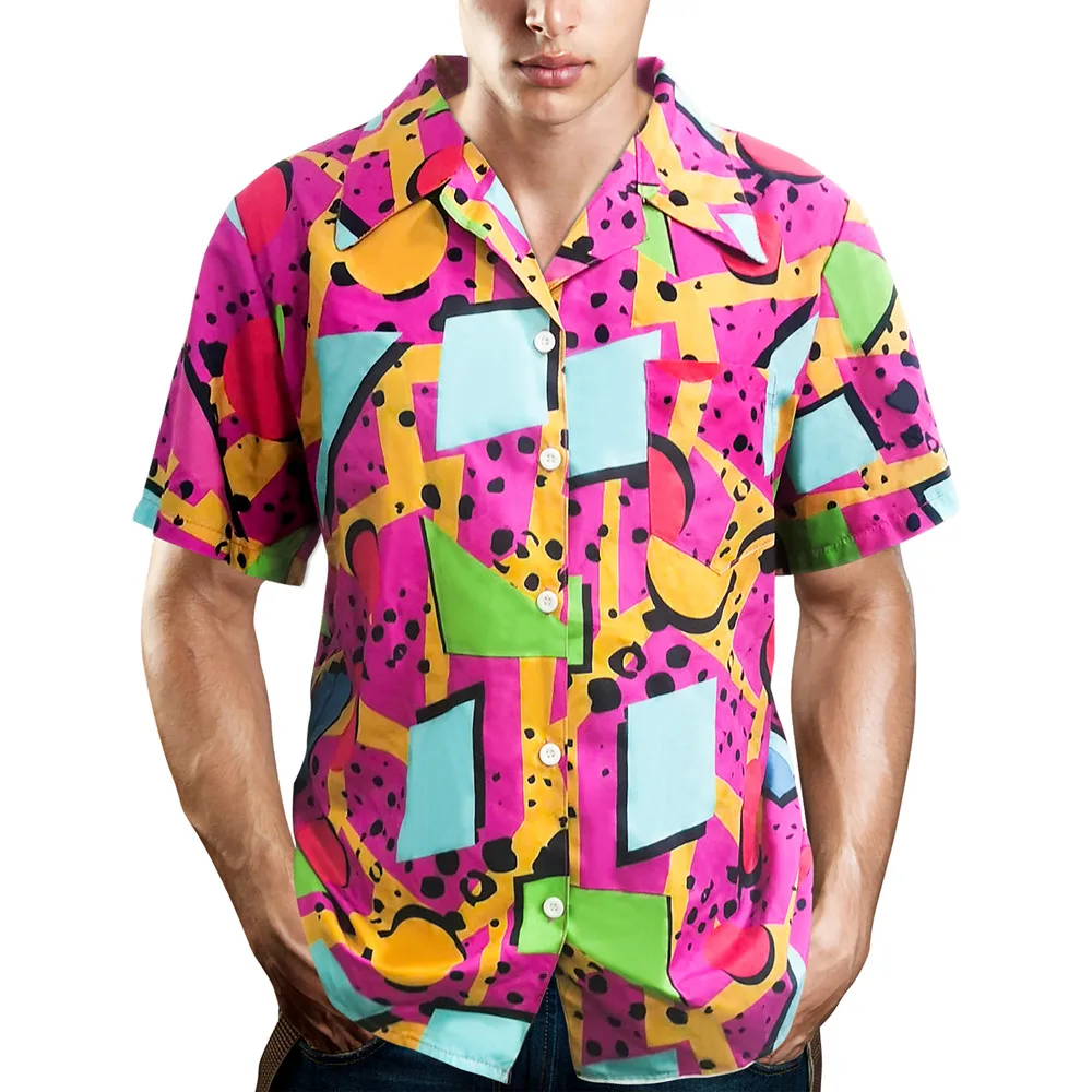 Camisas con botones de los años 80 para hombre, camisas de playa hawaianas Vintage, camisas de discoteca, camisa de fiesta temática de los años 90