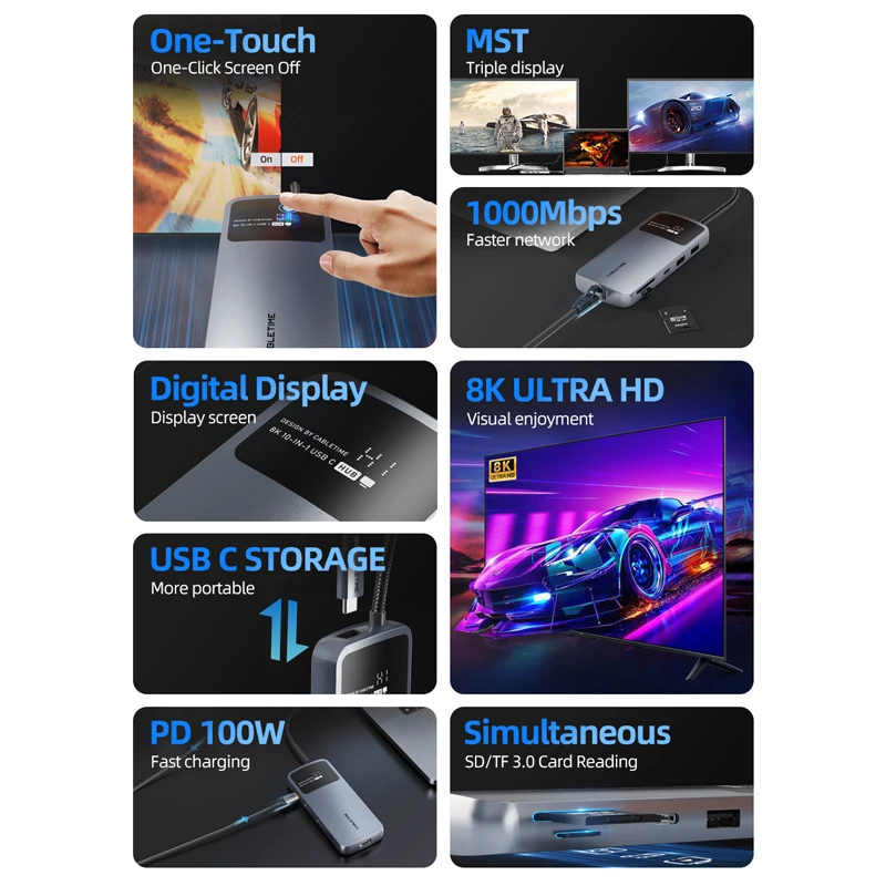 CABLETIME Type C Hub 10-in-1 USB C HUB 8K 4K HDMI 10Gbps LAN 1000Mbps RJ45 PD100W SD&TF for MacBook ASUS Windows MST USB HUB