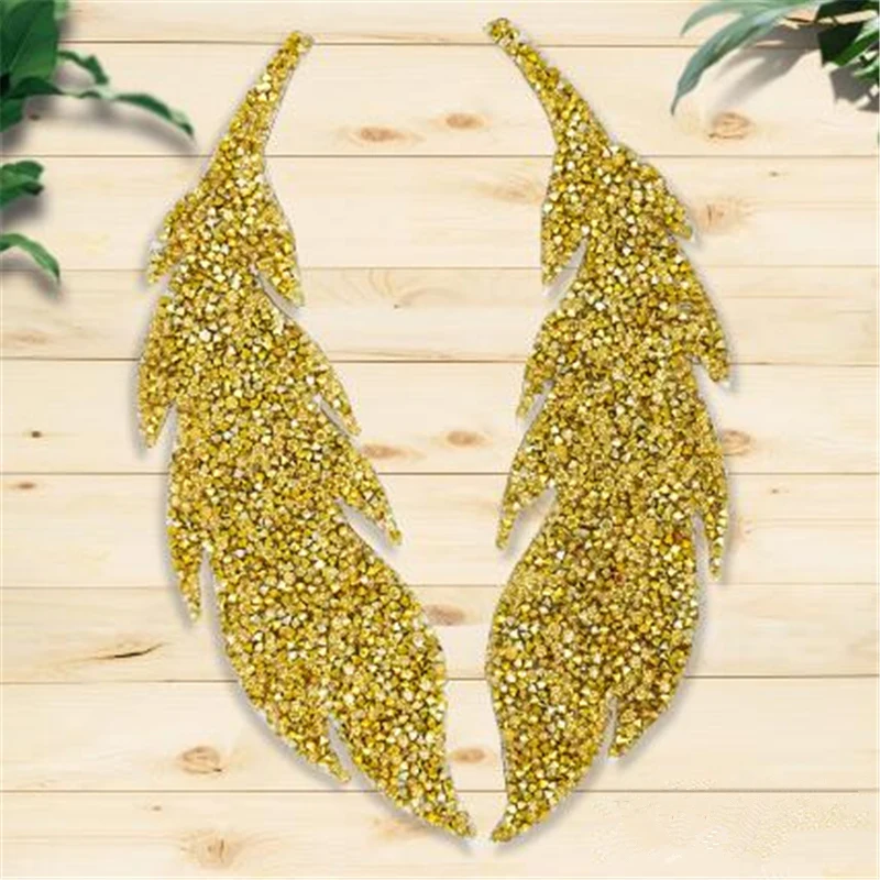 Rhinestones Leaves Hotfix Feather Iron on Sewing Crystal Applique Patch For Clothing Badge Paste For Clothes Bag Shoes