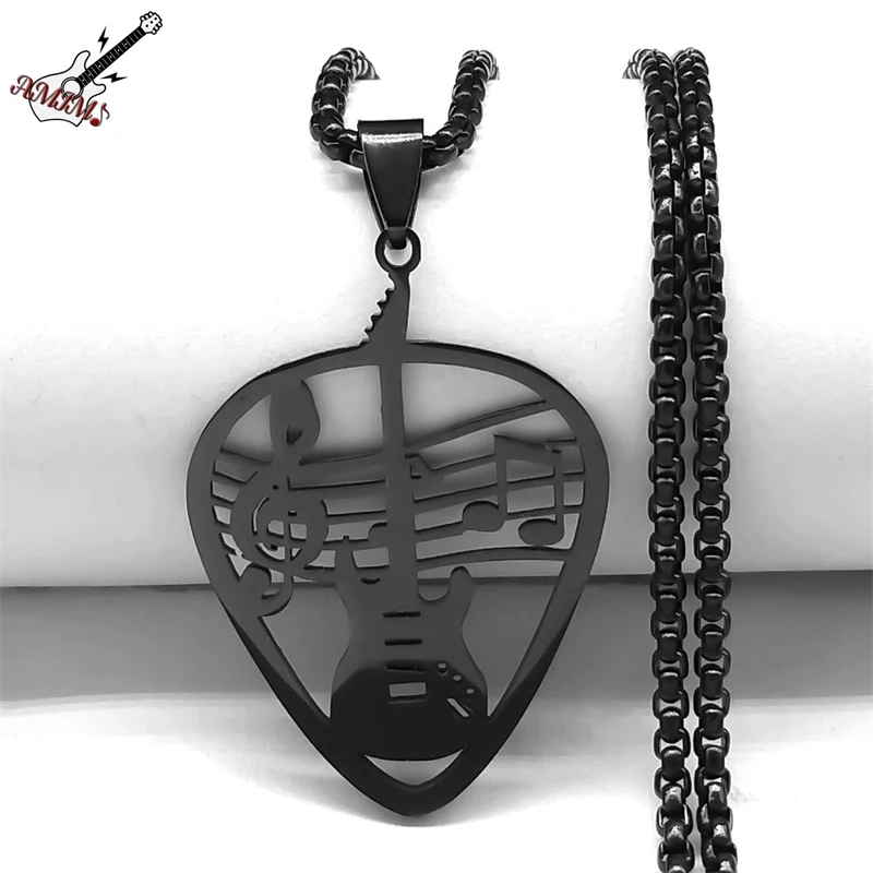 

Music Note Guitar Pick Necklace for Women/Men Stainless Steel Black Color Punk Rock Chain Necklaces Gift Jewelry collar N8417