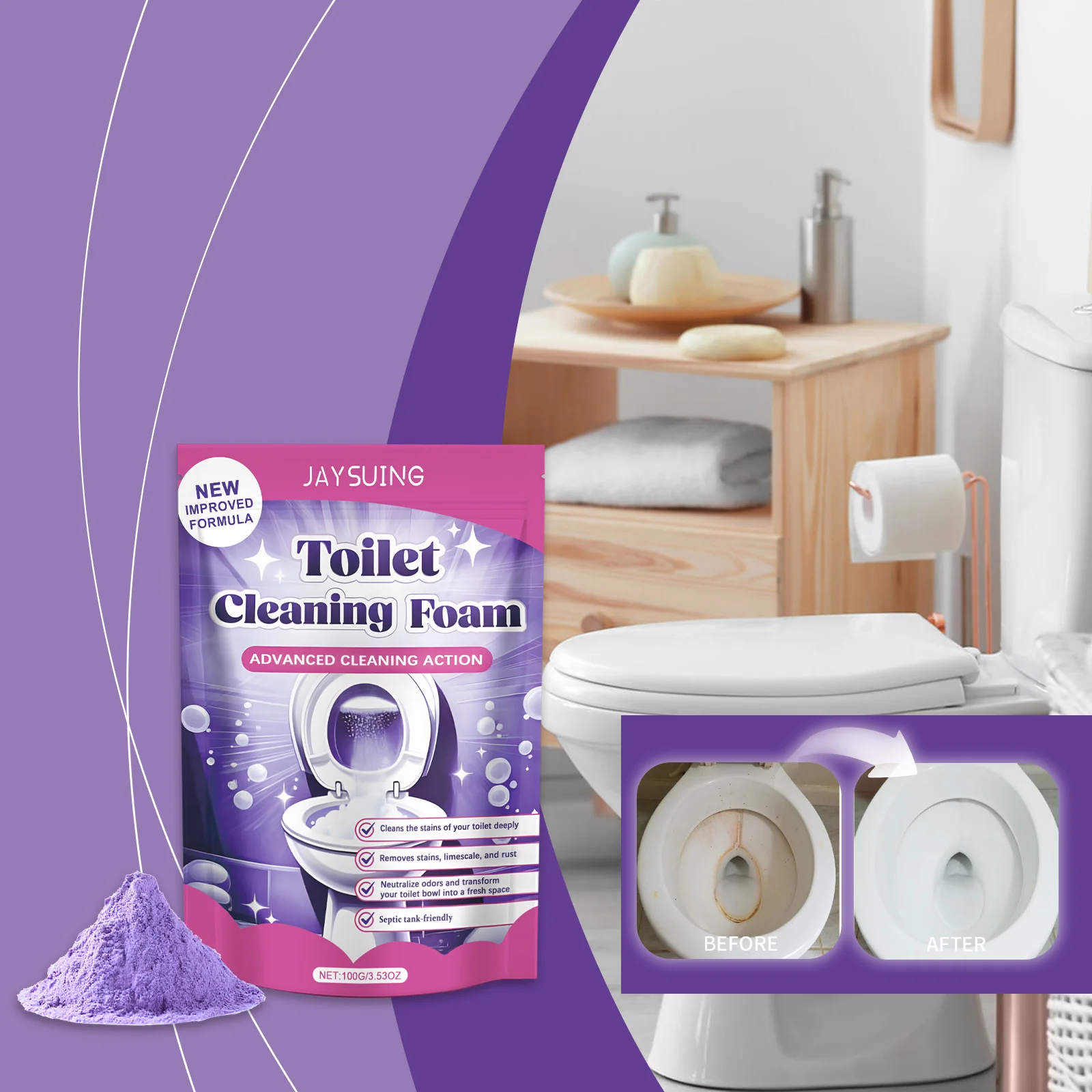 

Порошковое средство для дезинфекции унитазов эффективно удаляет стойкие загрязнения, очищающая пена для унитаза устраняет запахи без остатка следов.