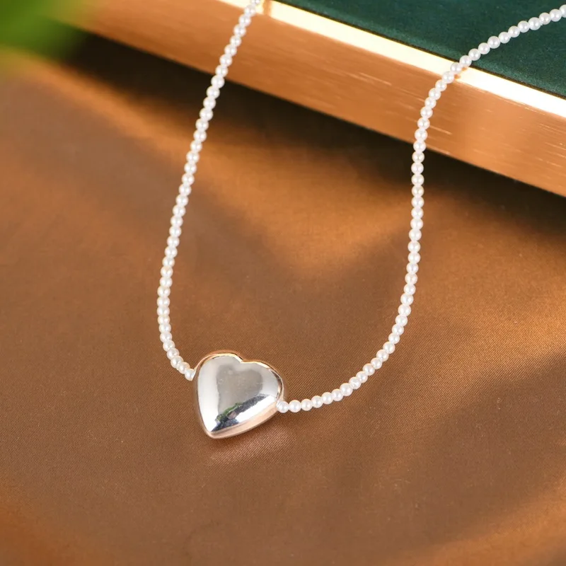 

Glossy 925 Sterling Silver Heart Pendants Necklaces for Women 2MM MINI Synthetic Pearls Chokers Necklaces Trendy Ins Jewelry