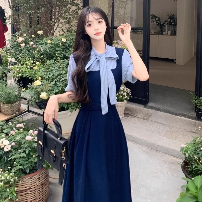 

Women's French Preppy Style Fake Two-Piece Bow Tie Midi Dress High Waist A-Line Dress In Navy Blue