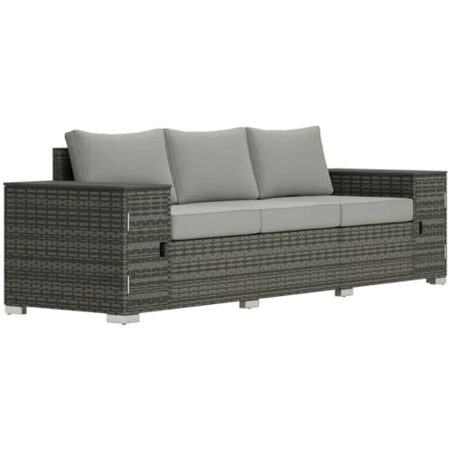 

3 Seater Wicker Sofa with 2 Storage Side Tables and Thickened Cushions, Rattan Outdoor Patio Sofa with Wide Armrests, Wicker Ou