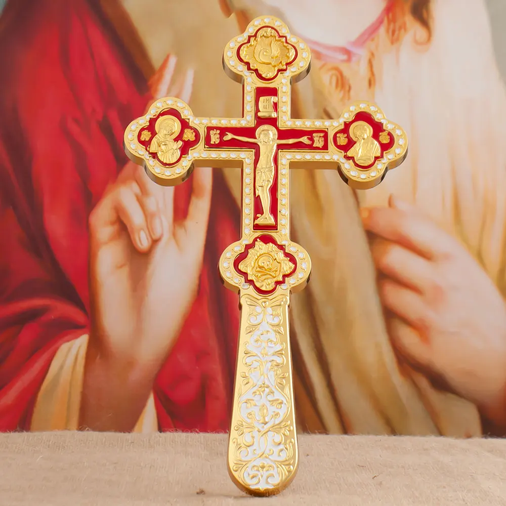 

Orthodox Jesus Cross 11.6 Inches Zinc Plated Gold Hand Cross Prayer Cross Worship Baptism Wedding Funeral Православный крест