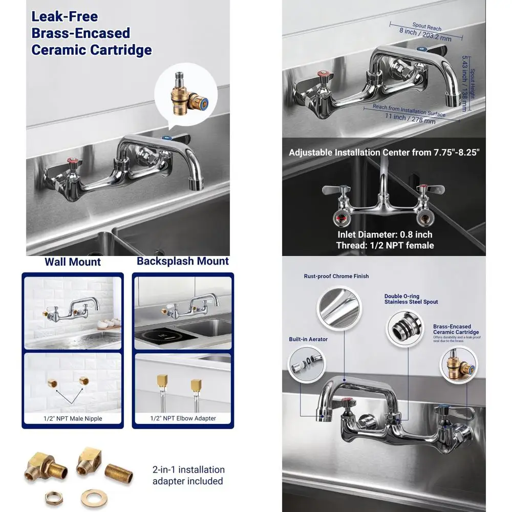 8. Настенный смеситель для коммерческой мойки с поворотным изливом, 8-расширенный, с двойной ручкой, латунный смеситель для раковины для стирки и ресторана.