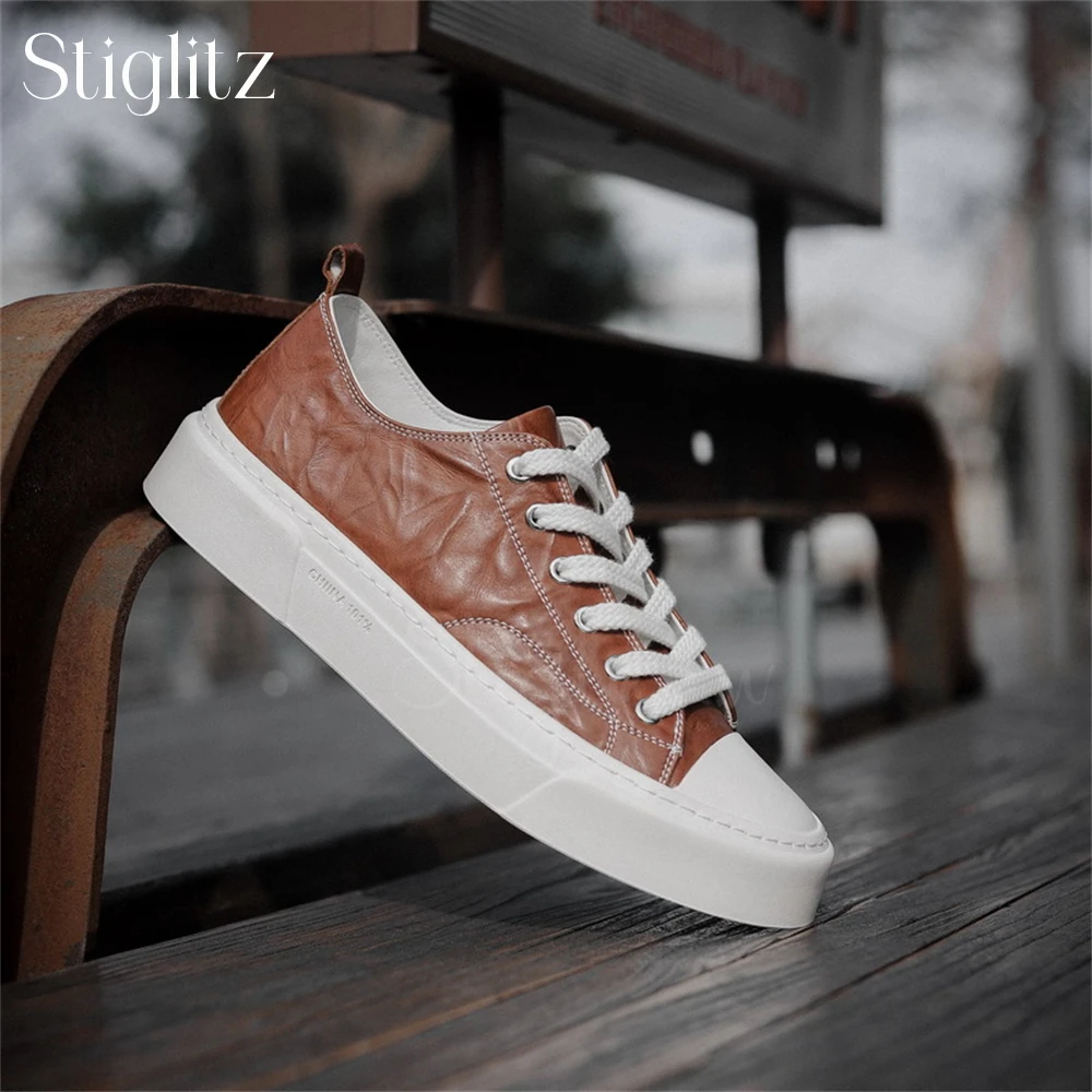 Genuine Leather Men's Sneakers Lace-Up Round Toe Comfortable Casual Shoes Height Increase Multi-Color Breathable Daily Footwear