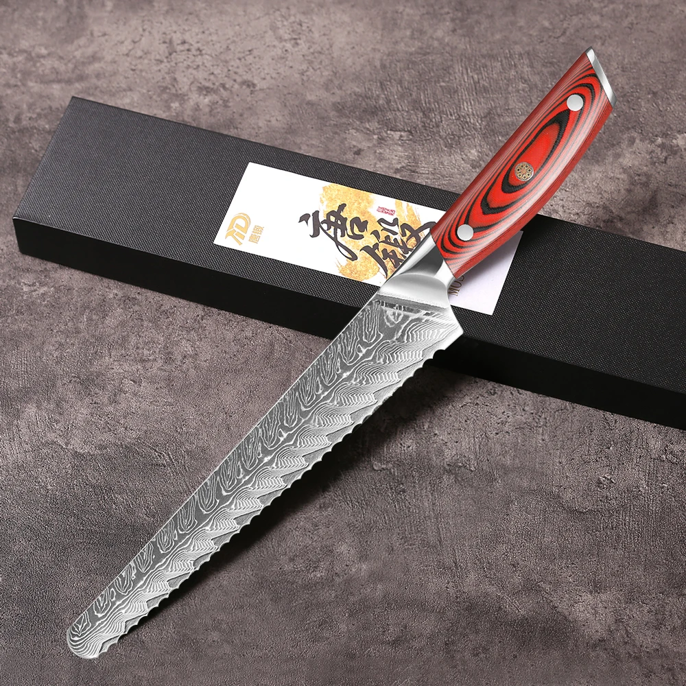 

Кухонный нож MOSTODOZO 8,5 дюймов из дамасской стали (67 слоев) для хлеба, тостов, сыра, тортов, с зубчатым лезвием, для нарезки льда и других продуктов