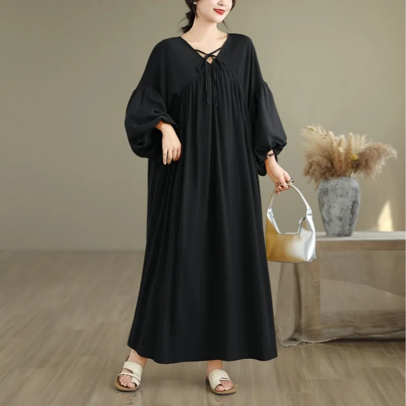 ชุดเดรสทรงเอ ผ้าชีฟองเนื้อนุ่ม สีพื้น ยาวคลุมเข่า ทรงหลวม สไตล์ลำลอง เหมาะสำหรับใส่ไปทำงาน  ผ้าใยทองแดงผสมแอมโมเนีย ทรงกลม  รุ่น Ne A-Line Dr