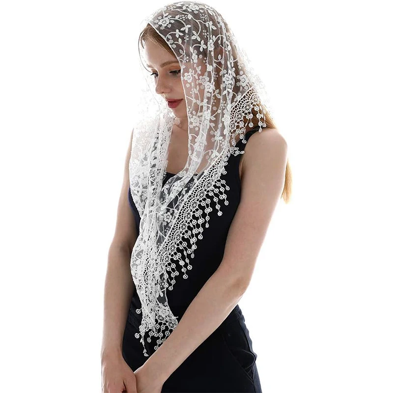 Floral lace triangle veil tulle scarf covering church veil suitable for mass wedding bridesmaids