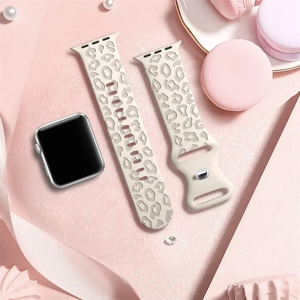 Engraved Strap For Apple Watch Band 44mm 40mm 45mm 49mm 41mm 42mm Leopard silicone bracelet iwatch series 9 7 6 5 4 se 8 ultra 2