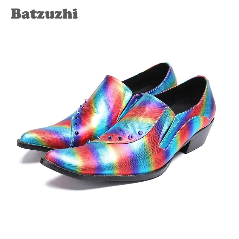 

Batzuzhi Fashion Mens Shoes Bright Muti Color Leather Shoes Men with Rivets 6.5cm High Heels Zapatos Hombre Party Wedding Shoes