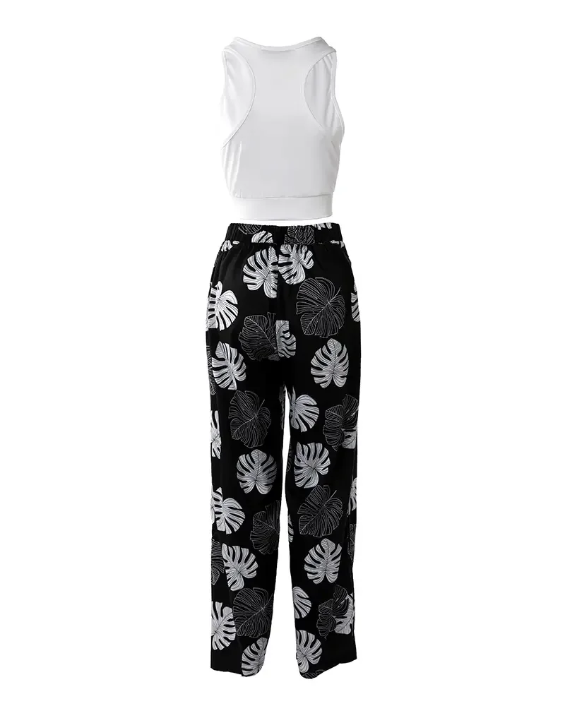 Summer Suit Women Solid Cut-out Tank Top & Tropical Print Split Wide Leg Pants Set