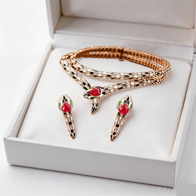 Elegant Serpent Snake Design Jewelry Sets Paved Cubic Zircon Synthetic Drop Ruby White Black Enamel Party Earrings Necklace