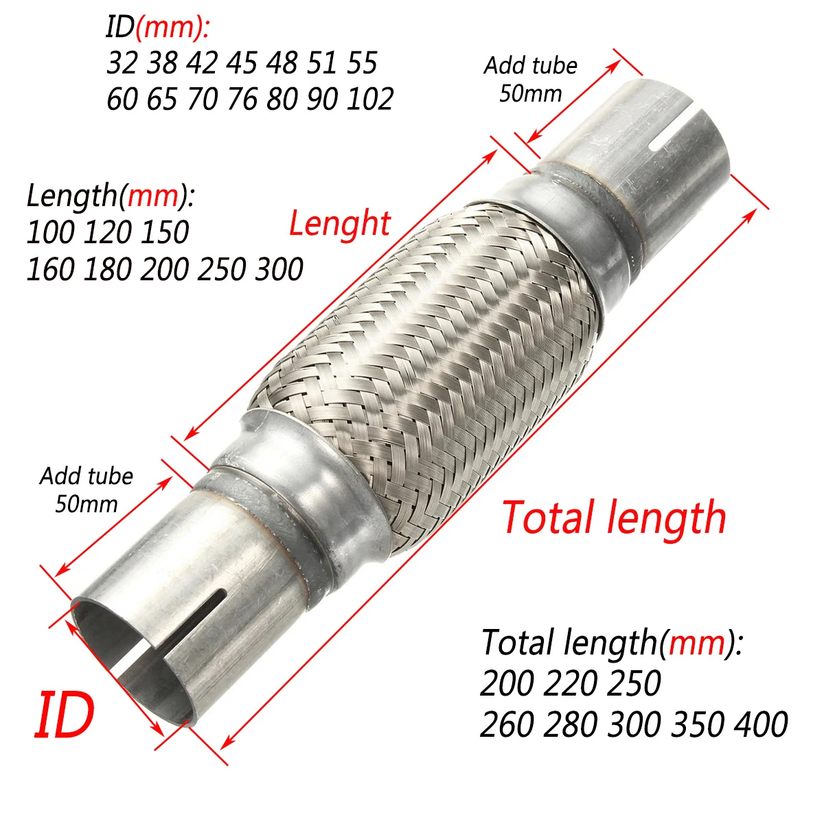 ID32-102MM Universal welding stainless steel automotive 304 exhaust hose connection corrugated pipe 2 free assembly fixtures