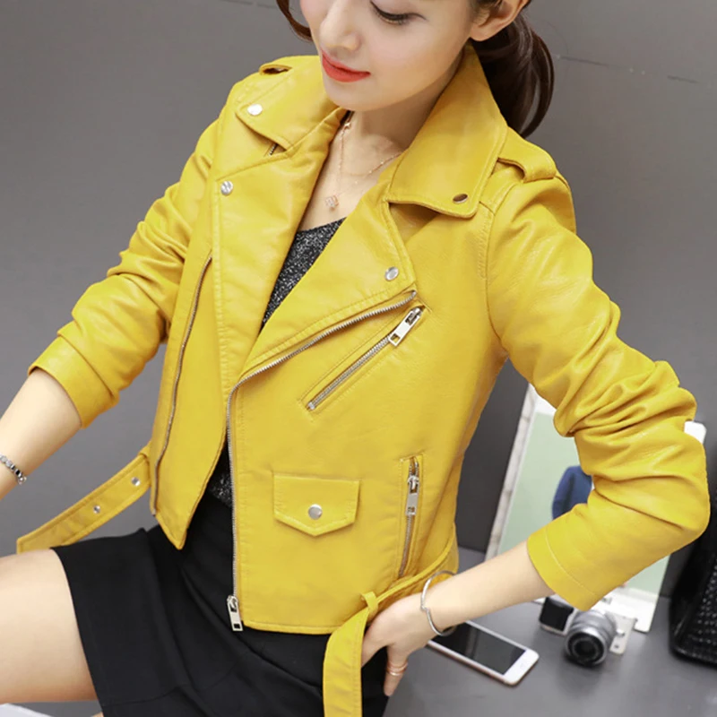 High Quality With Belt Autumn Women Leather Jacket 5 Colors Moto Biker Asymmetric Zipper Female Faux Leather Coat Outwear