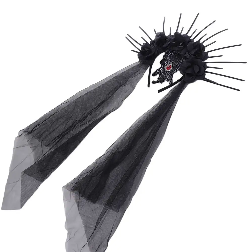 

Headdress Mesh Halloween Headband Gothic Rhinestone Veil Headband Long Crown Bride Hairband Girl