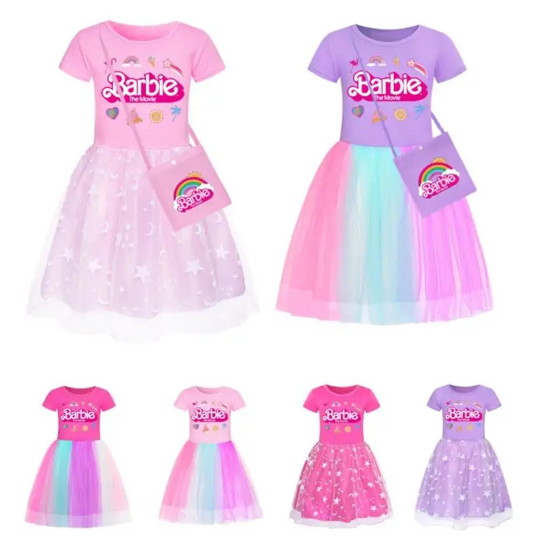 Kawaii Anime Cartoon Barbie Girls Short Sleeve Lace Mesh Tutu Skirt Sweet Princess Dress Summer Girls Birthday Party Dress Gift