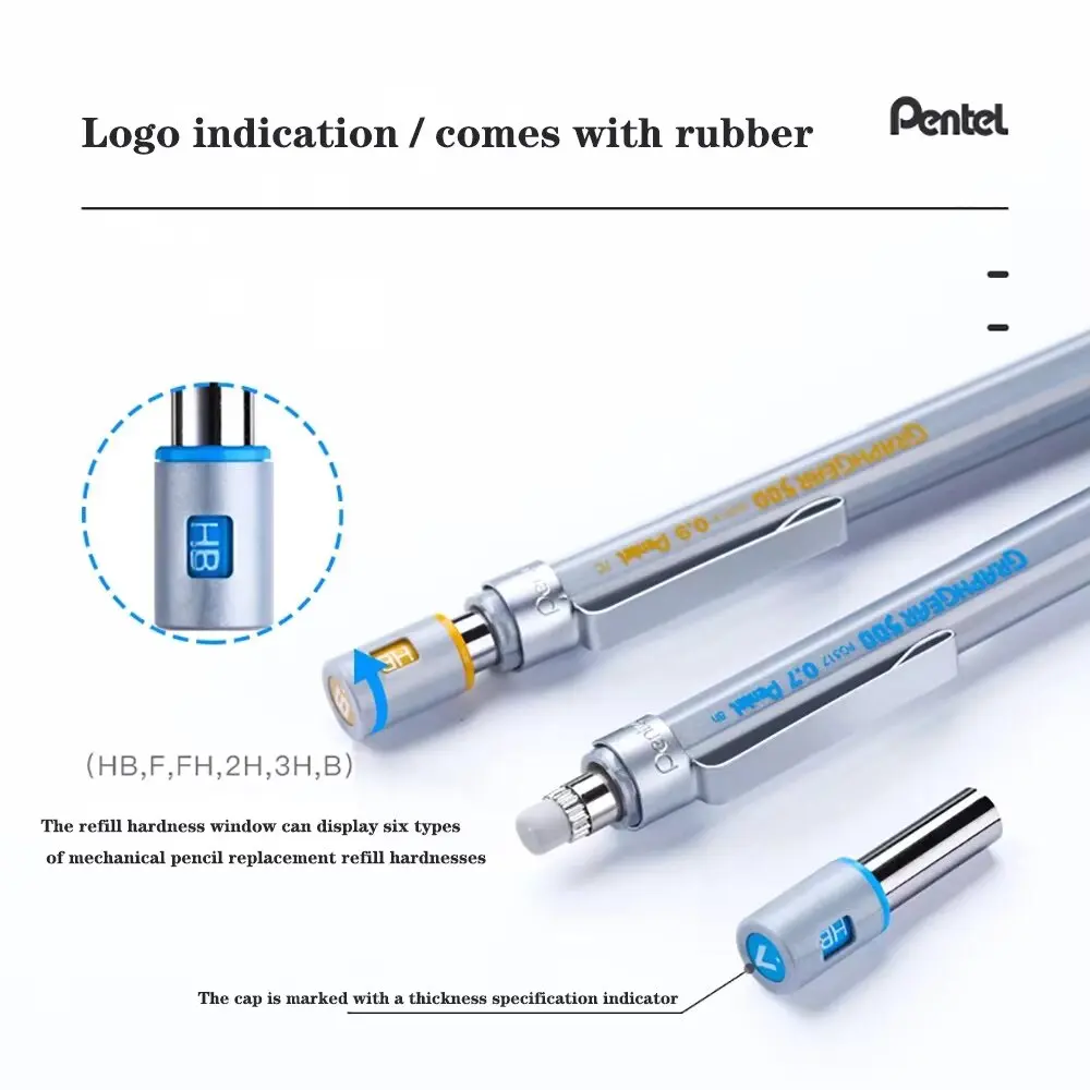 Pentel Graphgear 500 Drawing Mechanical Pencils Low Center Engineering Automatic Pencil With Eraser 0.3 0.5 0.7 0.9 mm
