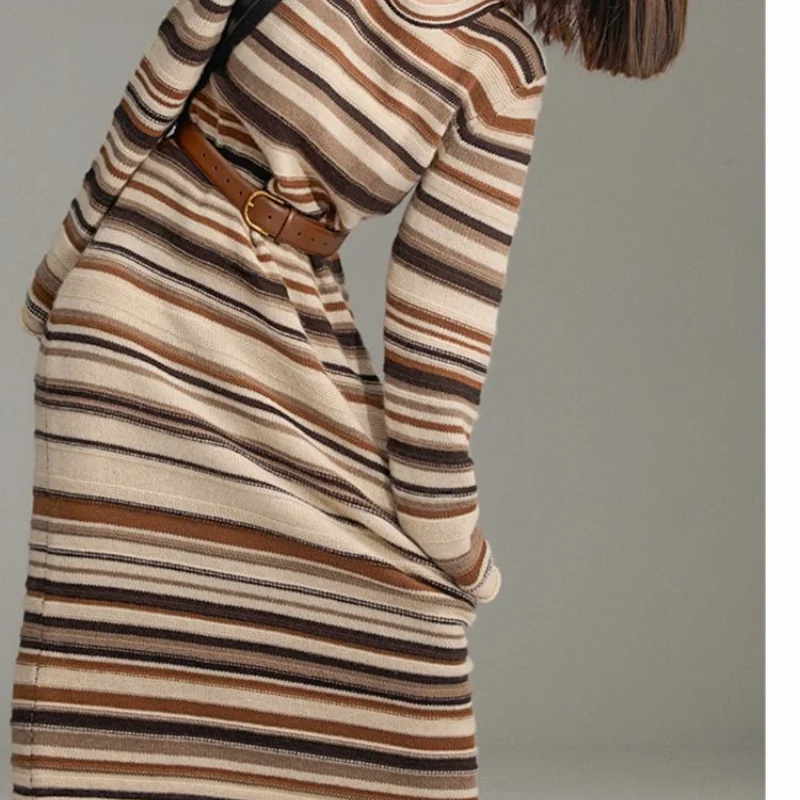 2023 Autumn and Winter New Versatile Commuting Women's Clothing Stripe Printed Round Neck Long Sleeve High Waist A-line Dress