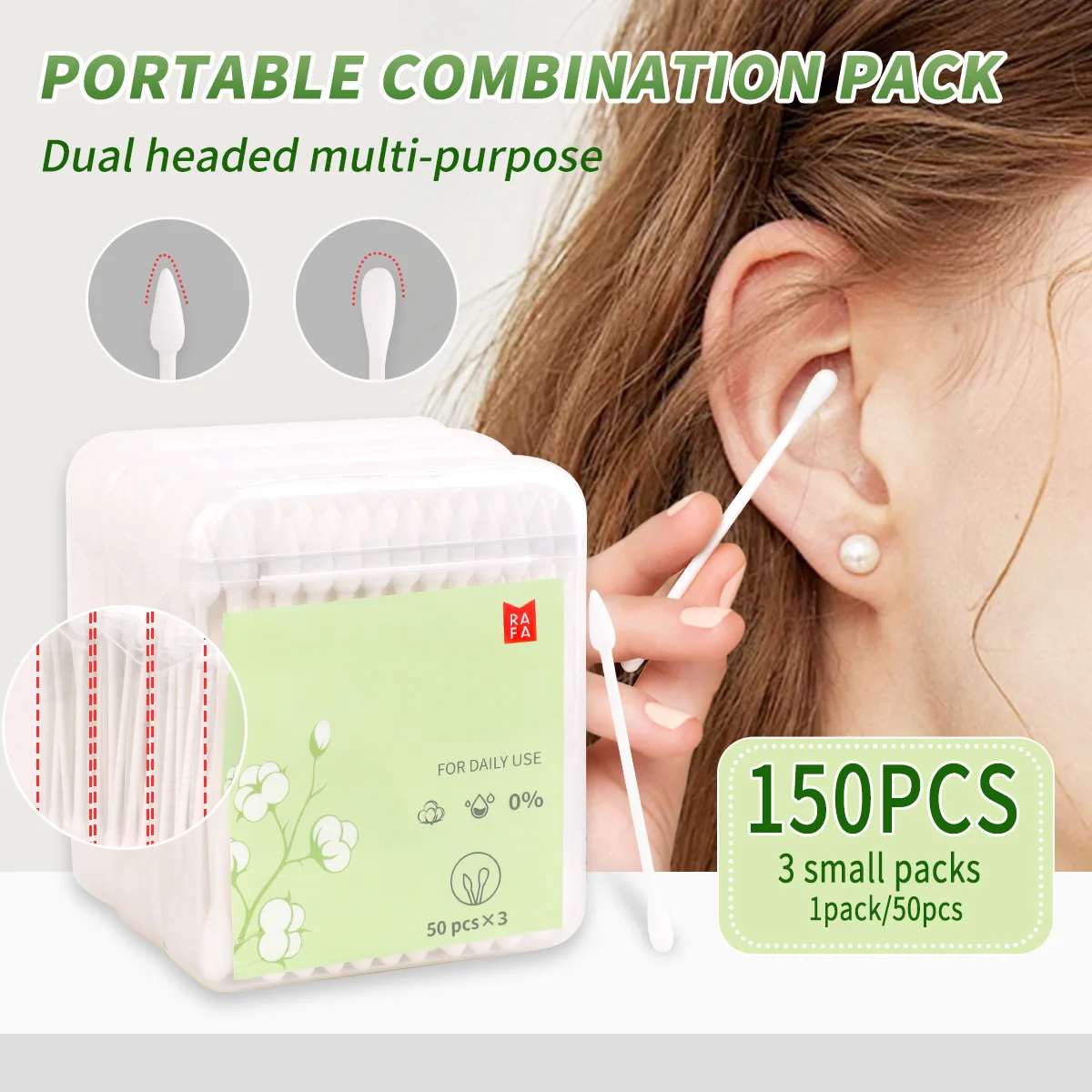 150pcs portable combined cotton swabs, double-headed cotton swabs for ear-plucking makeup, disposable special cotton swab.