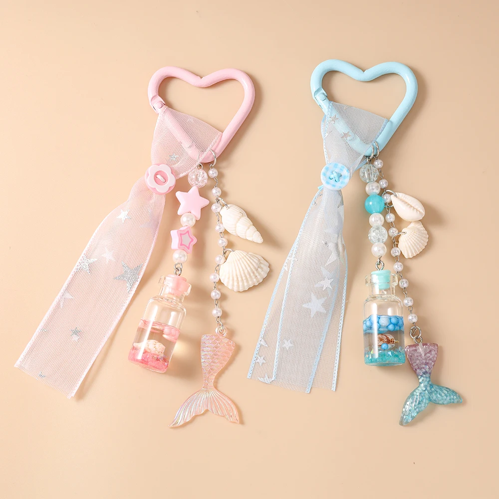 Modische handgefertigte Schlüsselanhänger mit Bändern, Fischschwanz-Muschel-Driftflaschen-Schlüsselanhänger für Frauen und Mädchen, Autoschlüssel, Handtaschen-Schlüsselanhänger, DIY-Geschenke – Detail 3