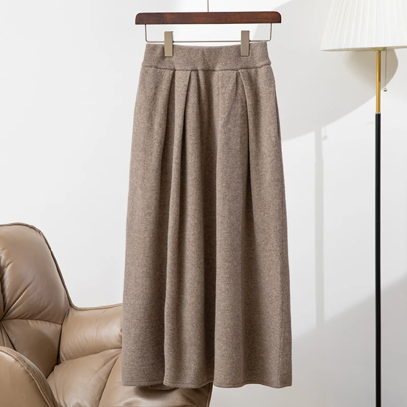 

100% Merino Wool Knitwear New Women Long Pleated Skirt Autumn Winter Grace Basic Casual Cashmere Skirt Office Lady Dress Tops