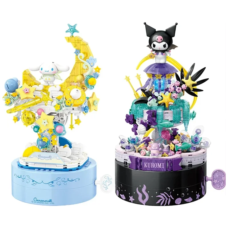 

Строительные блоки Sanrio Kuromi Cinnamoroll, музыкальная шкатулка, украшение для рабочего стола, головоломка, сборка моделей, игрушки, подарки на день рождения для девочек