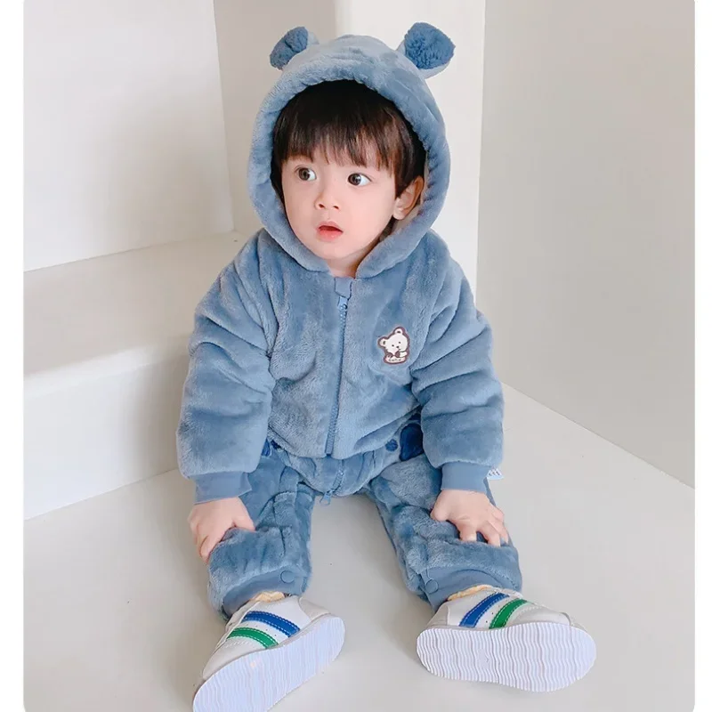 

2025 Autumn Winter Baby Romper Thickened Cartoon Animal Ear Hooded Jumpsuit Warm Plush Infant Onesies Newborn Outdoor Crawling O