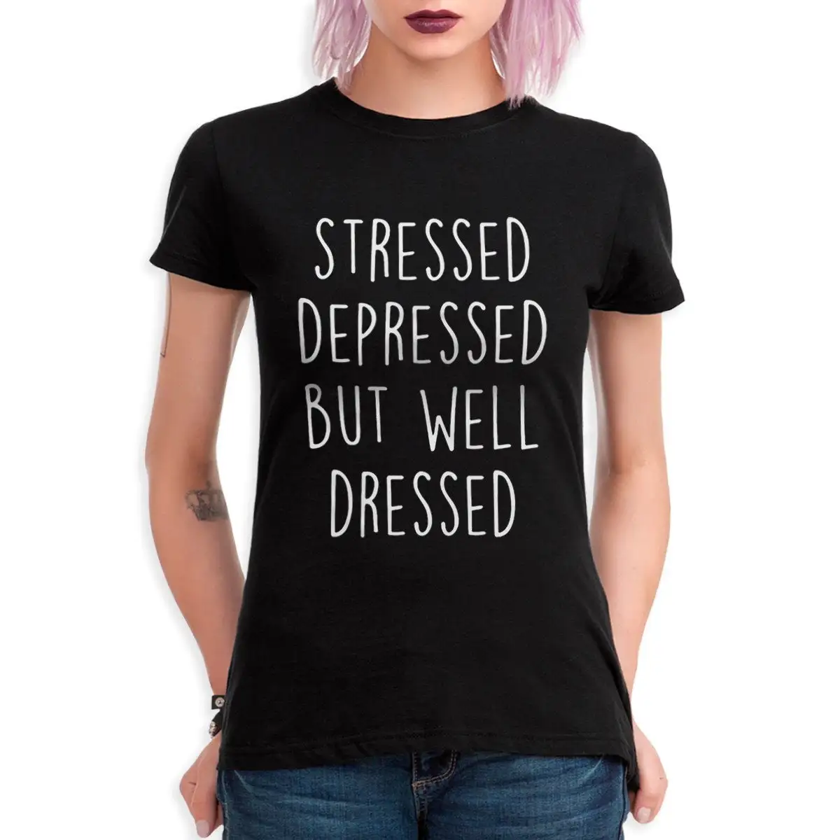 Stressed Depressed But Well Dressed Funny T Shirt  Sizes 100 Cotton blc 125