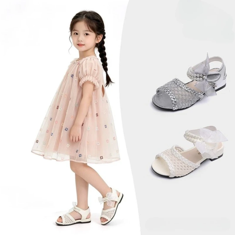 Summer Children Princess Sandals Luxury Little Girls Perform Dress Shoes with Lace Bowknot Wedding Party Kids Low Heel Sandals