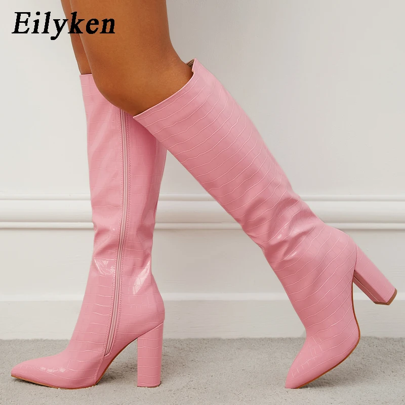 Eilyken Winter Green Serpentine Knee Boots For Women Designer Chunky High Heel Shoes Zipper Long Thigh High Botas Mujer