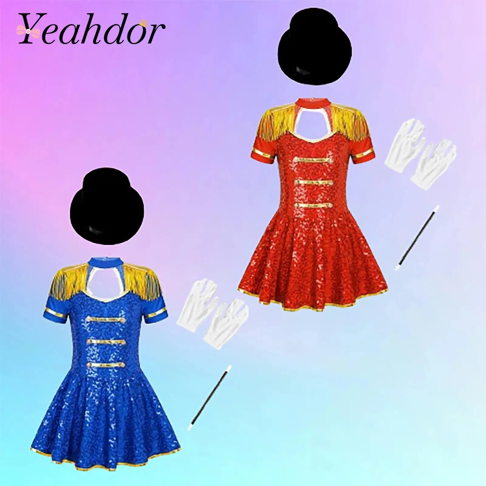

Kids Girls Showman Dress Up Ringmaster Circus Cosplay Costume Tassel Shoulder Sequin Leotard Dress Roleplay Performance Dresses