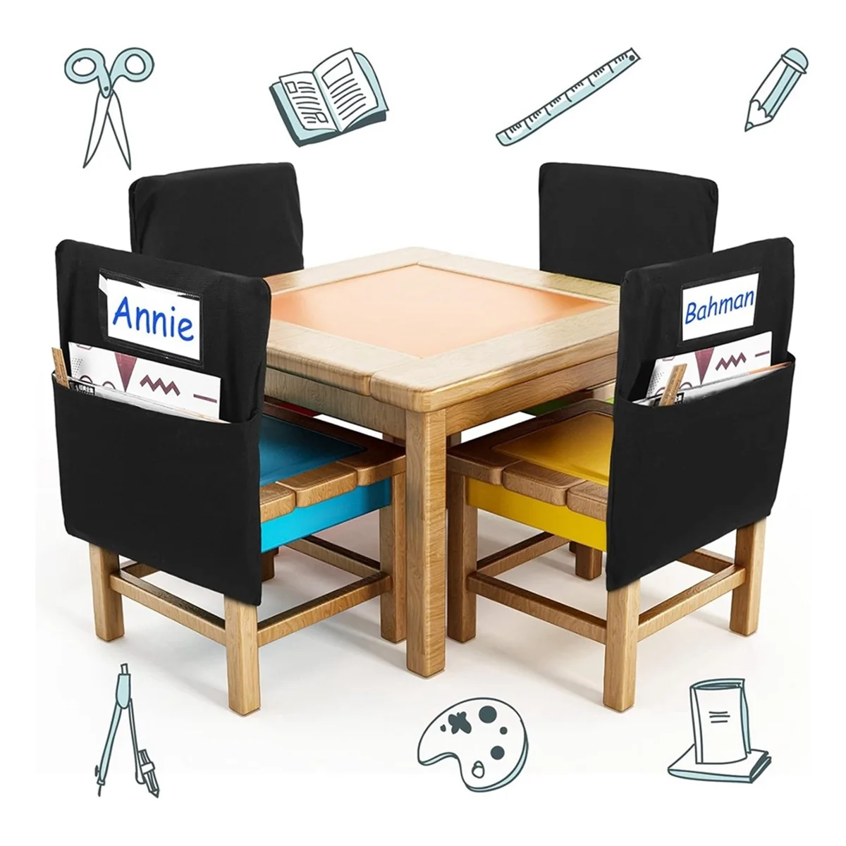 6 قطع جيب تخزين الكرسي وحقيبة الكرسي وجيوب الكرسي للفصول الدراسية وجيوب كرسي الطالب ومنظم الكرسي مع علامة الاسم