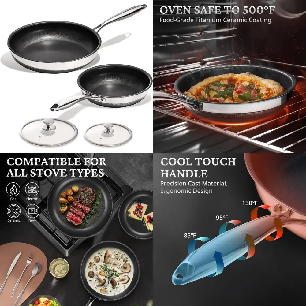 

Набор сковородок из титановой керамики с антипригарным покрытием — 2 предмета с крышками, 10 и 12 дюймов, сковорода из нержавеющей стали, без PFAS, здоровая кулинария