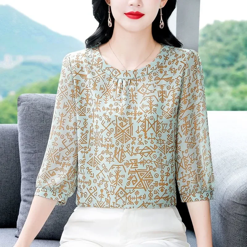 

Women's Vintage Geometric Print Chiffon Blouse 3/4 Sleeve Loose Summer Casual Shirt Elegant Tops