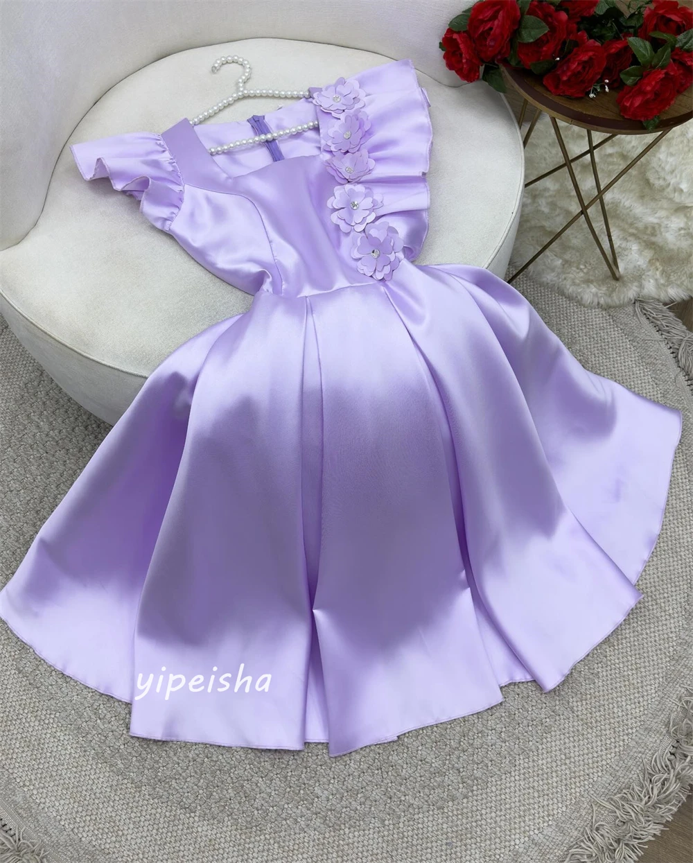 Customized Sparkle Exquisite  Modern Style Formal Evening Square Collar Tea-Length A-line Flowers Draped Satin  Dresses