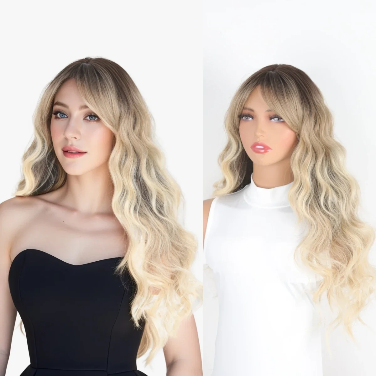 HOVOX Synthetic Long Wave Gradient Gold Fashion Elegant Women's Wig Heat-resistant Suitable for Women's Day Wear Party