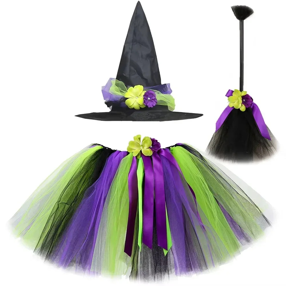 

Witch Tutu Skirt Green Black Purple Outfit for Girls Halloween Dress Up Costumes with Flower Hat Broom Fluffy Ballet Tutus