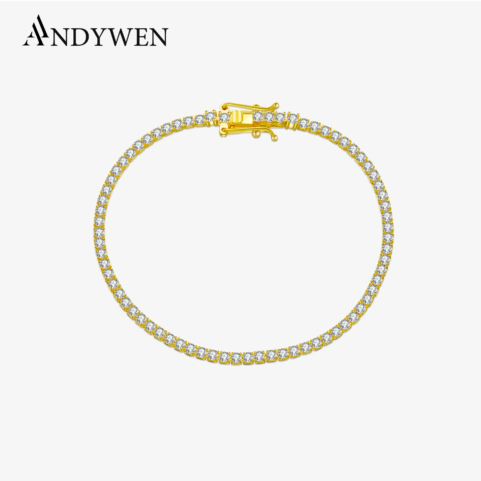 

ANDYWEN 925 Sterling Silver Gold 2mm Round Cut Tennis Bracelet Zircon CZ Bangle Claps Women Chain Crystal Wedding Fine Jewelry